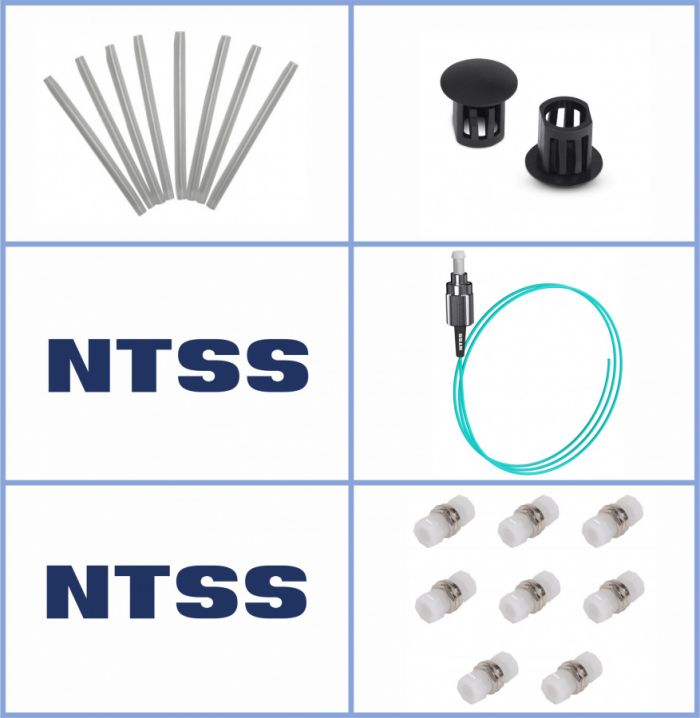 Кросс NTSS оптический настенный Микро 8, укомплектованный, 4 порта FC/UPC, 50/125 мкм ОМ3 (сплошная панель, ложемент, пигтейлы, КДЗС, адаптеры) серый RAL 7035