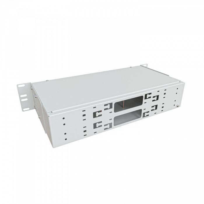 Кросс NTSS оптический 19'' укомплектованный 2U, 64 порта LC/APC duplex, 9/125 мкм (сплошная панель, сплайс-кассета 4шт, пигтейлы, КДЗС, адаптеры) серый RAL 7035