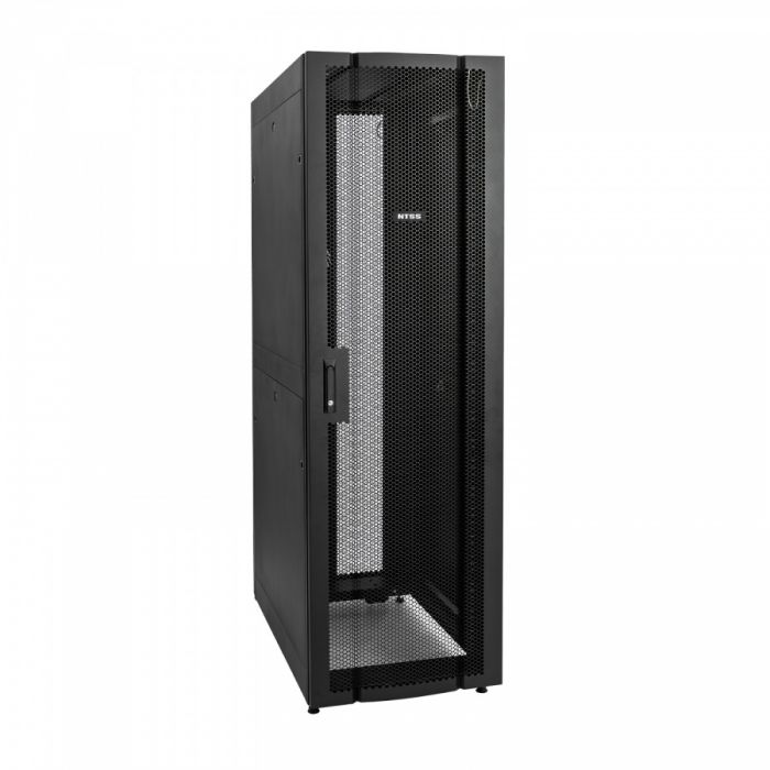 Шкаф напольный серверный NTSS ПРОЦОД DS 42U 600х1070мм, двойные боковые стенки, панель потолка с щеточными вводами, двери перфорированная и перфорированная двухстворчатая, без панели пола, регулируемые опоры, ролики, черный RAL 9005