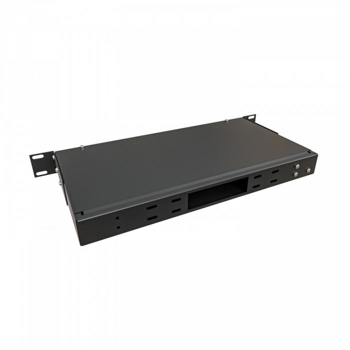 Кросс NTSS оптический 19'' укомплектованный 1U, 24 порта SC/APC duplex, 9/125 мкм (сплошная панель, сплайс-кассета 2шт, пигтейлы, КДЗС, адаптеры) черный RAL 9005