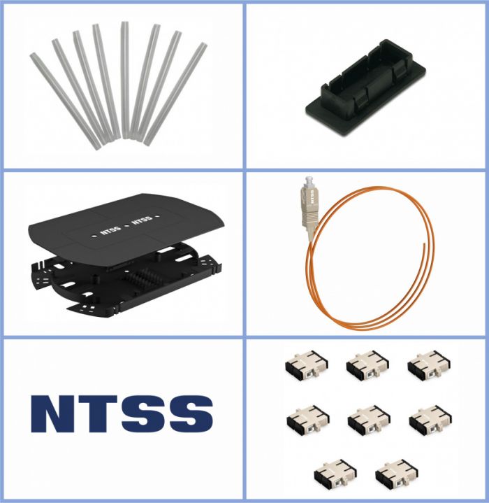 Кросс NTSS оптический 19'' укомплектованный 1U, 8 портов SC/UPC duplex, 62.5/125 мкм (сплошная панель, сплайс-кассета, пигтейлы, КДЗС, адаптеры) серый RAL 7035