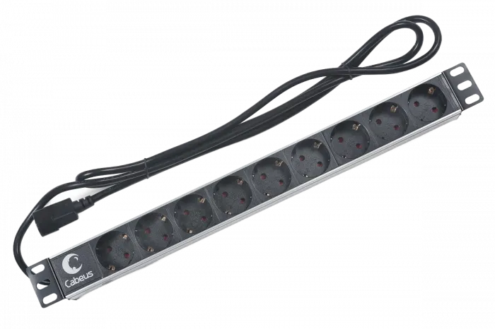 Cabeus PDU-9P-2IEC Блок евророзеток для 19' шкафов, горизонтальный, 9 розеток, 10 A, без выключателя, алюминиевый корпус, шнур 2 м, вилка IEC 320 C14