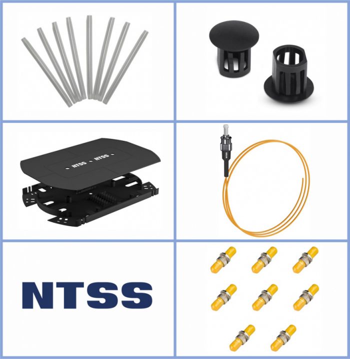 Кросс NTSS оптический 19'' укомплектованный 2U, 64 порта ST/UPC, 9/125 мкм (сплошная панель, сплайс-кассета 2шт, пигтейлы, КДЗС, адаптеры) черный RAL 9005