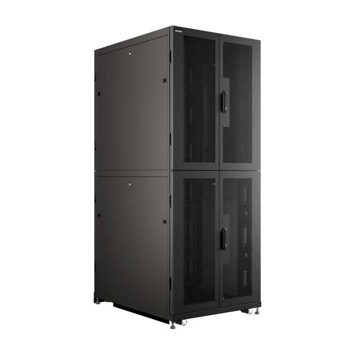 Шкаф напольный серверный NTSS CoDS 42U 800х1200мм, 2 секции по 20U, двойные боковые стенки, панель потолка и пола с щеточными вводами, двери перфорированная и перфорированная двухстворчатая, регулируемые опоры, ролики, черный RAL 9005