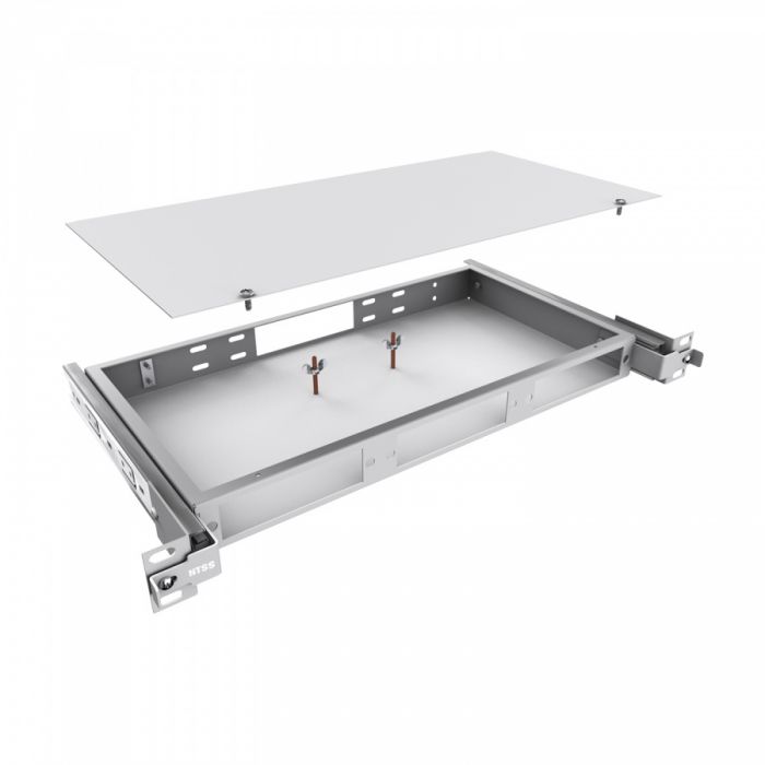 Кросс NTSS оптический выдвижной 19'' частично укомплектованный 1U, 8/16/24 портов SС (планки SC-3шт, планка-заглушка-2шт, сплайс-кассета-1шт) серый RAL 7035