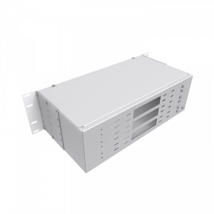 Кросс NTSS оптический 19'' укомплектованный 3U, 64 порта FC/UPC, 50/125 мкм (планки, сплайс-кассета 2шт, пигтейлы, КДЗС, адаптеры) серый RAL 7035