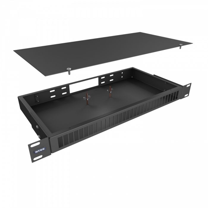 Кросс NTSS оптический 19'' частично укомплектованный 1U, 32 порта SC duplex (сплошная панель, сплайс-кассета-2шт) черный RAL 9005