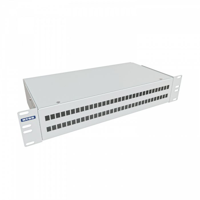 Кросс NTSS оптический 19'' укомплектованный 2U, 64 порта LC/APC duplex, 9/125 мкм (сплошная панель, сплайс-кассета 4шт, пигтейлы, КДЗС, адаптеры) серый RAL 7035