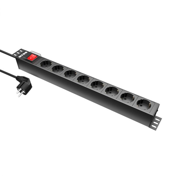 Блок розеток NTSS, 19", 1U, пластик, 1ф16A, 3.7кВт, (8) Schuko CEE 7/7, выкл. с подсв.и крыш., 1.8м каб., вил. Schuko