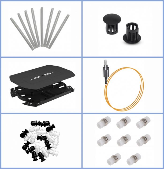 Кросс NTSS оптический настенный, укомплектованный, 24 порта FC/UPC, 9/125 мкм (планки, сплайс-кассета, пигтейлы, КДЗС, адаптеры) серый RAL 7035