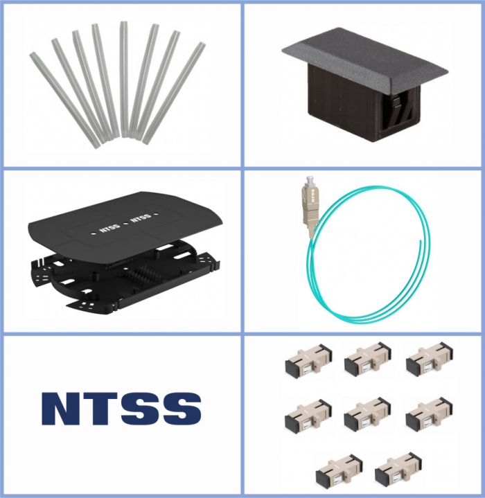 Кросс NTSS оптический 19''укомплектованный 2U, 64 порта SC/UPC, 50/125 мкм ОМ3 (сплошная панель, сплайс-кассета 2шт, пигтейлы, КДЗС, адаптеры) серый RAL 7035