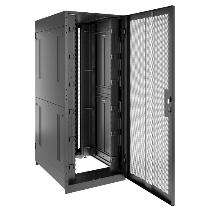 Шкаф напольный для ЦОД серверный NTSS ПРОЦОД PC-V2 45U 800х1200мм, 4 профиля 19, двойные боковые стенки, панель потолка с вводами, без панели пола, двери перфорированная и перфорированная двухстворчатая, регулируемые опоры, ролики, черный RAL 9005