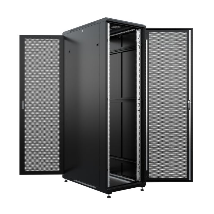 Шкаф напольный универсальный серверный NTSS R 42U 600х1000мм, 4 профиля 19, двери перфорированная и перфорированная, боковые стенки съемные, регулируемые опоры, разобранный, черный RAL 9005