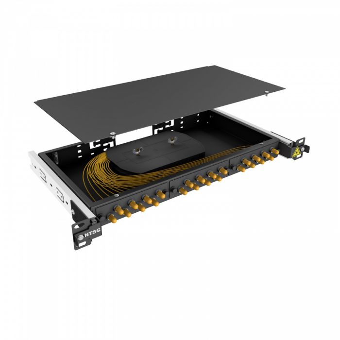 Кросс 19" NTSS PREMIUM выдвижной, предсобранный 1U, 24 порта ST/UPC, 9/125 мкм, черный