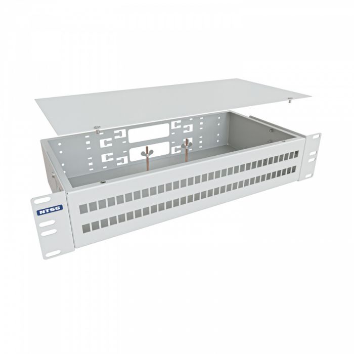 Кросс NTSS оптический 19'' укомплектованный 2U, 64 порта LC/APC duplex, 9/125 мкм (сплошная панель, сплайс-кассета 4шт, пигтейлы, КДЗС, адаптеры) серый RAL 7035