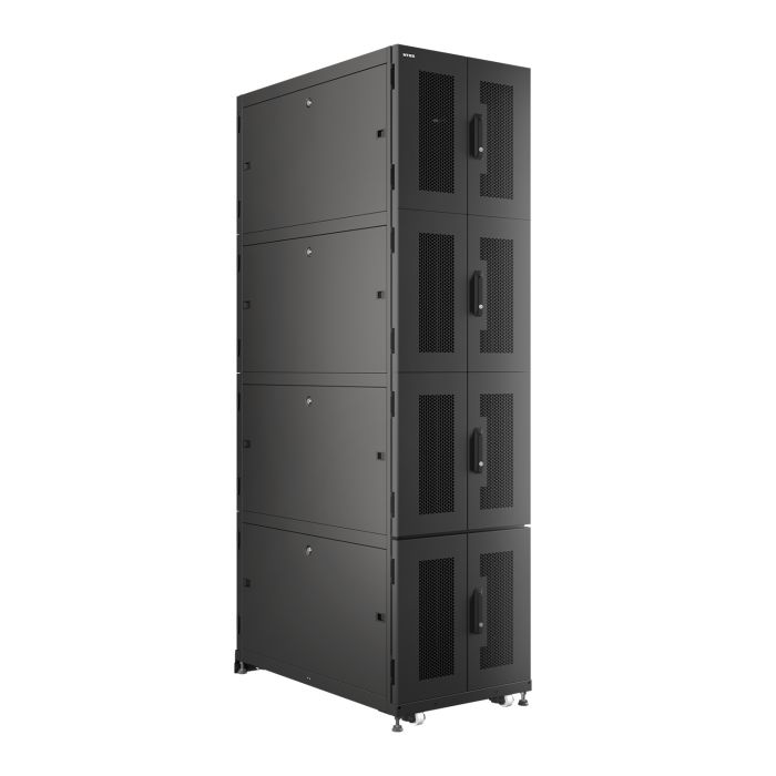 Шкаф напольный серверный NTSS CoDS 48U 800х1070мм, 4 секции по 11U, двойные боковые стенки, панель потолка и пола с щеточными вводами, двери перфорированная и перфорированная двухстворчатая, регулируемые опоры, ролики, черный RAL 9005