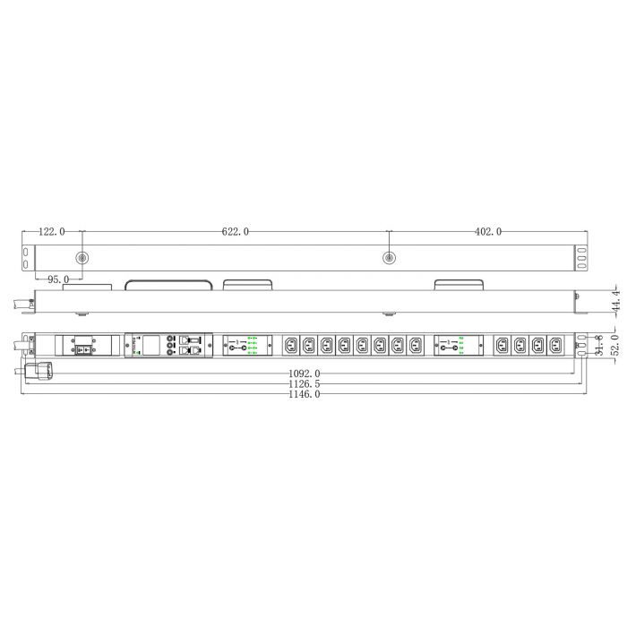Блок распределения питания NTSS Managed, 1ф16А, 3.7кВт, 1 автоматический выключатель, (12)С13, 3м кабель с вилкой IEC 60320 C20, 1126.5х52х44.4 мм