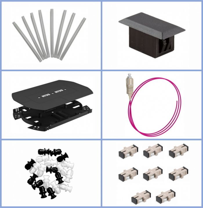 Кросс NTSS оптический настенный, укомплектованный, 24 порта SC/UPC, 50/125 мкм ОМ4 (планки, сплайс-кассета, пигтейлы, КДЗС, адаптеры) серый RAL 7035