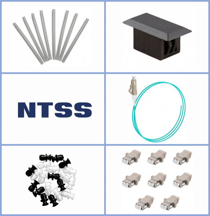 Кросс NTSS оптический настенный Мини, укомплектованный, 8 портов LC/UPC duplex, 50/125 мкм ОМ3 (планка, ложемент, пигтейлы, КДЗС, адаптеры) серый RAL 7035