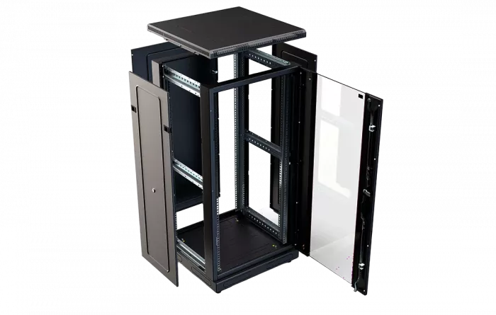 Шкаф телекоммуникационный напольный 19", 24U(800x1000), ШТ-НП-М-24U-800-1000-С-Ч, передняя дверь стекло, черный ССД