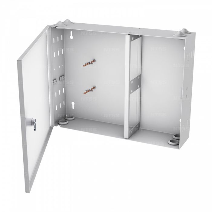  Кросс NTSS оптический настенный частично укомплектованный 48 портов 2LC (планка 2LC 24 порта - 2шт, сплайс-кассета-3шт) серый RAL 7035