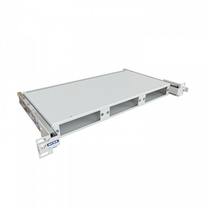 Кросс NTSS оптический выдвижной 19'' укомплектованный 1U, 24 порта LC/UPC duplex, 50/125 мкм ОМ4 (планки, сплайс-кассета 2шт, пигтейлы, КДЗС, адаптеры) серый RAL 7035