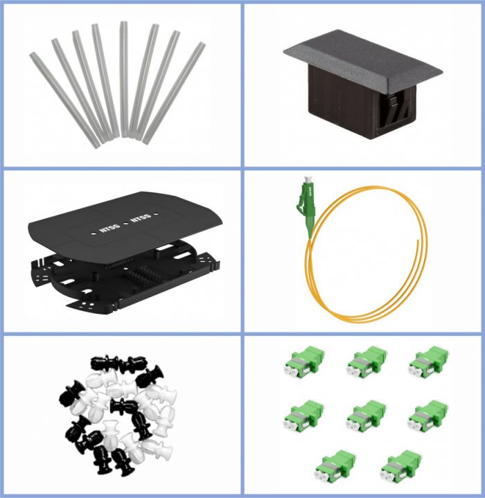 Кросс NTSS оптический 19'' укомплектованный 1U, 6 портов LC/APC duplex, 9/125 мкм (планки, сплайс-кассета, пигтейлы, КДЗС, адаптеры) серый RAL 7035
