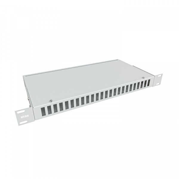 Кросс NTSS оптический 19'' укомплектованный 1U, 24 порта SC/UPC duplex, 50/125 мкм ОМ3 (сплошная панель, сплайс-кассета 2шт, пигтейлы, КДЗС, адаптеры) серый RAL 7035