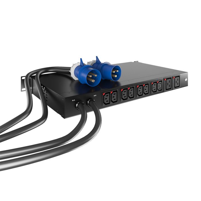 Автомат включения резерва 19", 1U, 230В, 1ф32А, 1 гидр. авт., вход 2х(кабель 3м, IEC60309), выход 4(С13) с фикс. и 4(C19) с фикс., съёмный контроллер (Metered)