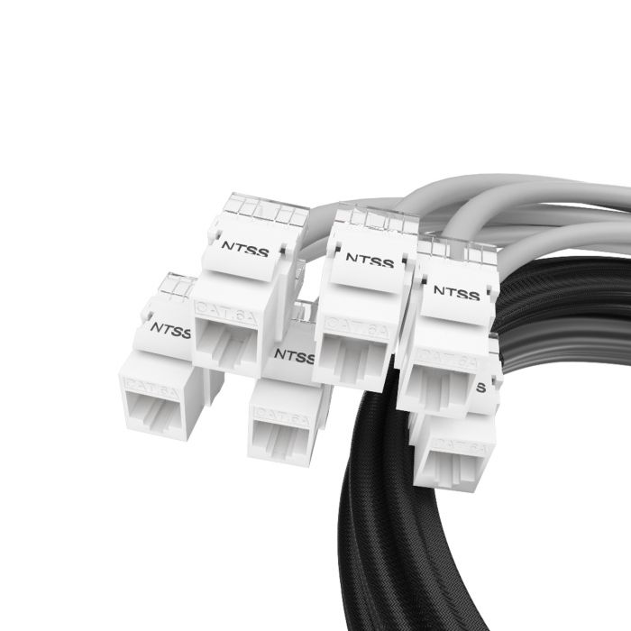 Кабельная сборка NTSS PREMIUM 6pc, U/FTP CAT6A, оконцована разъемами KEYSTONE RJ45 FTP CAT6A, заделка в чулке, вывод 0.6м, длина 24м, LSZH, серый
