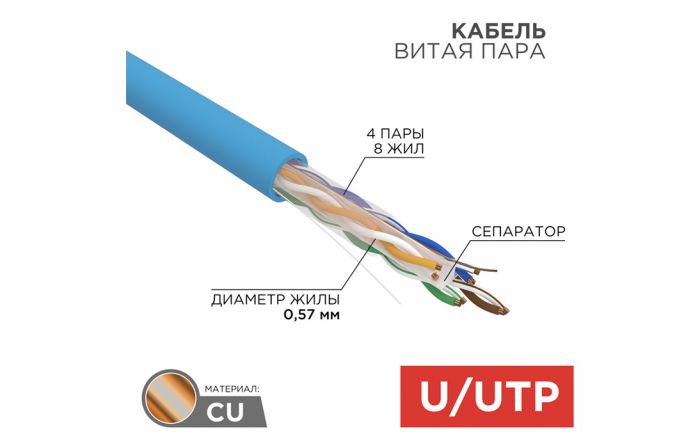 01-0047 Кабель витая пара REXANT UTP 4PR 23AWG, CAT6 (бухта 305 м)