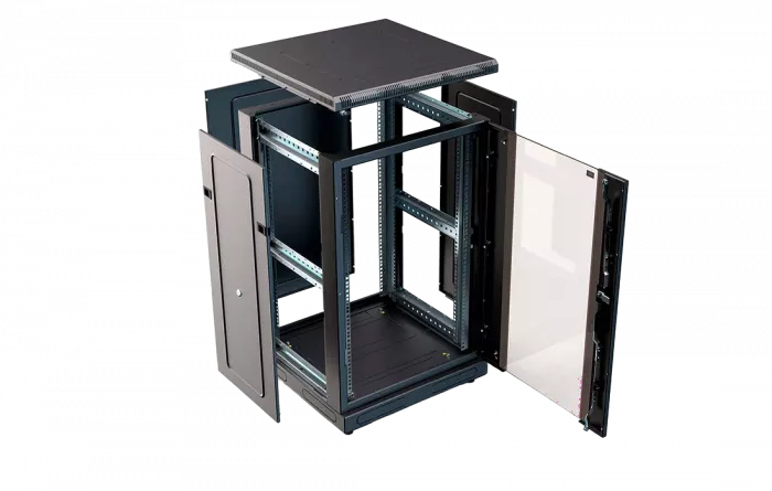 Шкаф телекоммуникационный напольный 19",18U(600x600), ШТ-НП-М-18U-600-600-С-Ч, передняя дверь стекло, черный ССД