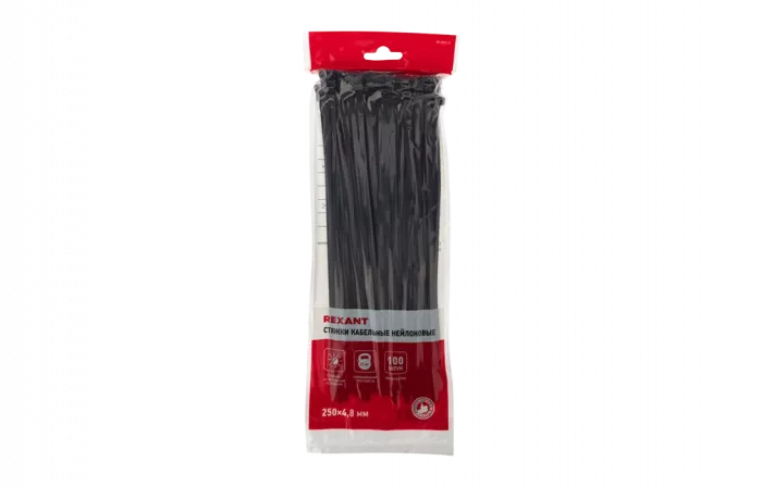 07-0251-5 Хомут-стяжка кабельная нейлоновая REXANT 250 x4,8 мм, черная, упаковка 100 шт.