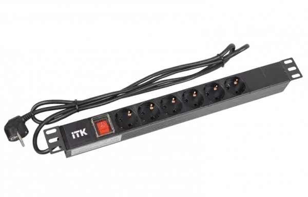 PH12-6D1-P ITK PDU 6 роз. нем.ст. с выкл 1U каб. 2м вилка нем.ст ПВХ чер