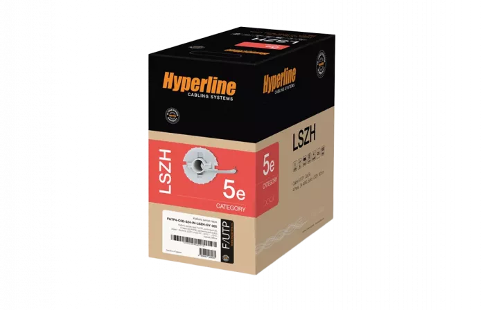 45788 Hyperline FUTP4-C5E-S24-IN-LSZH-GY-305 (305 м) Кабель витая пара F/UTP, категория 5e, 4 пары (24 AWG), одножильный (solid), экран - фольга, LSZH