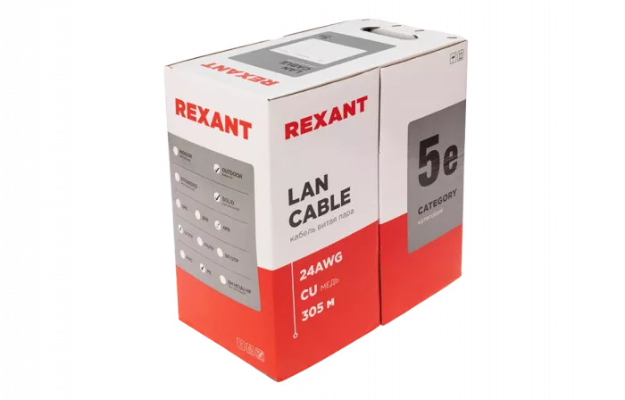01-0045 Кабель витая пара U/UTP, CAT 5e, PE, 4PR, 24AWG, OUTDOOR, SOLID, черный, 305м, REXANT
