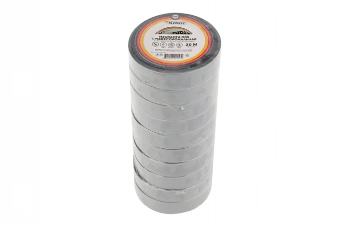 KR-09-2808 Изолента ПВХ профессиональная KRANZ 0.18 х 19 мм х 20 м, серая, упаковка 10 роликов