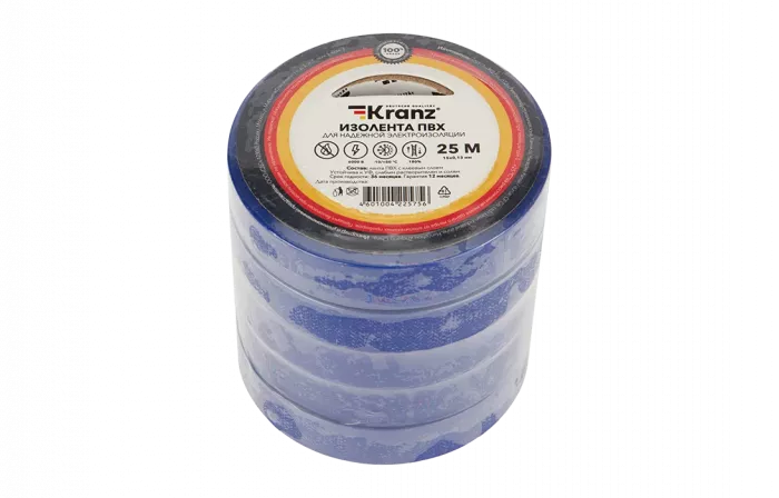 KR-09-2105 Изолента ПВХ KRANZ 15 мм х 25 м, синяя, упаковка 5 роликов