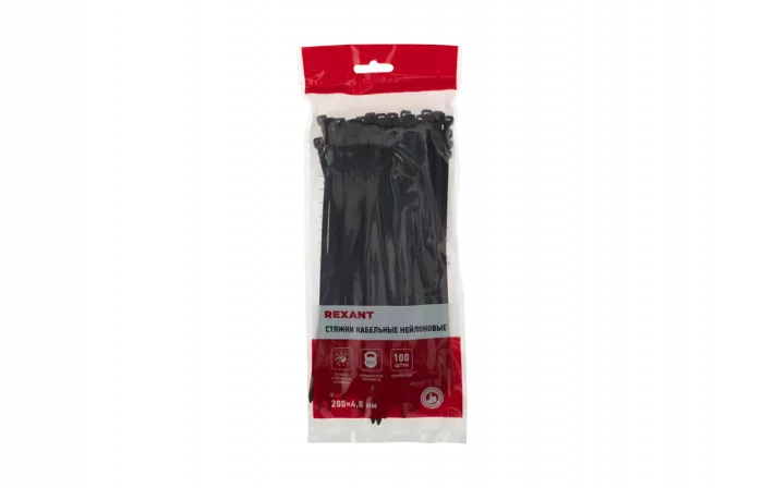 07-0201-5 Хомут-стяжка кабельная нейлоновая REXANT 200 x4,8 мм, черная, упаковка 100 шт.