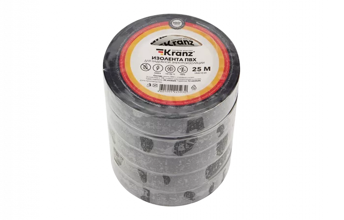 KR-09-2206 Изолента ПВХ KRANZ 19 мм х 25 м, черная, упаковка 5 роликов