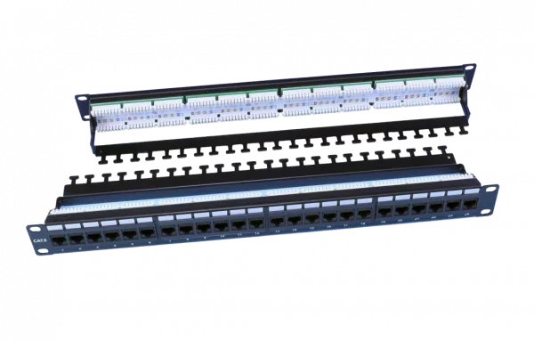 246107 Hyperline PP3-19-24-8P8C-C6-110D Патч-панель 19", 1U, 24 порта RJ-45, категория 6, Dual IDC, ROHS, цвет черный (задний кабельный организатор в