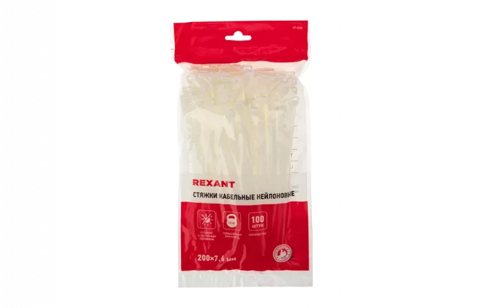 07-0202 Хомут-стяжка кабельная нейлоновая REXANT 200 x7,6 мм, белая, упаковка 100 шт.
