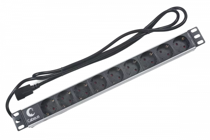 Cabeus PDU-9P-2IEC Блок евророзеток для 19' шкафов, горизонтальный, 9 розеток, 10 A, без выключателя, алюминиевый корпус, шнур 2 м, вилка IEC 320 C14