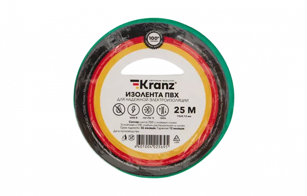 KR-09-2103 Изолента ПВХ KRANZ 15 мм х 25 м, зеленая, упаковка 5 роликов