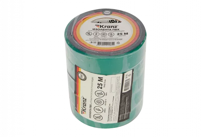 KR-09-2203 Изолента ПВХ KRANZ 0.13х19 мм, 25 м, зеленая упаковка 5 роликов