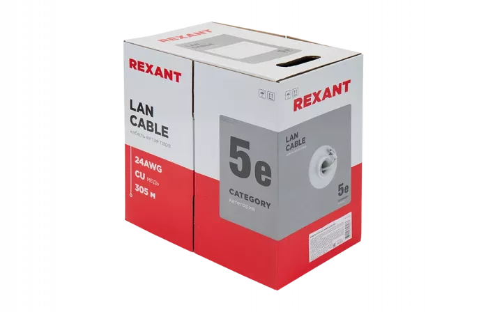 01-0023 REXANT Кабель витая пара UTP 2PR 24AWG, CAT5e, бухта 305 м, серый