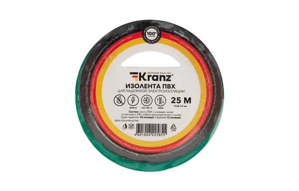 KR-09-2203 Изолента ПВХ KRANZ 0.13х19 мм, 25 м, зеленая упаковка 5 роликов