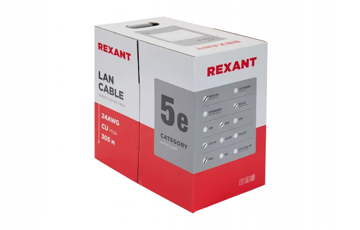 01-0023 Кабель витая пара REXANT UTP 2PR 24AWG, CAT5e, бухта 305 м, серый