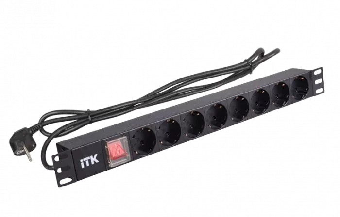 PH12-8D1 ITK PDU 8 розеток нем. ст, с LED выкл,1U, шнур 2м вилка нем. ст