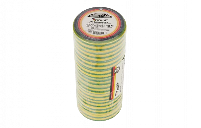 KR-09-2007 Изолента ПВХ KRANZ 0.13х15 мм, 10 м, желто-зеленая упаковка 10 роликов